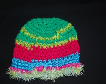 Crochet women's hat , green and pink hat