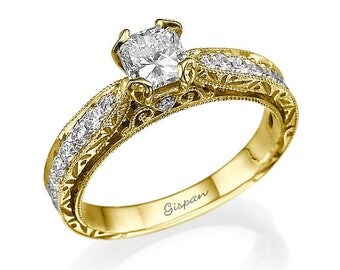 Princess cut Engagement Ring, Antique Engagement Ring, Unique engagement ring, Milgrain ring, Vintage Ring, Yellow Gold Ring, Claw Ring