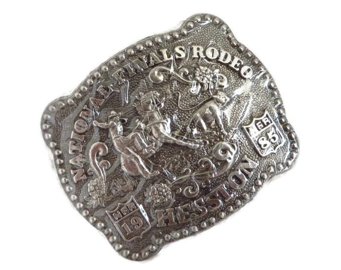 Rodeo Belt Buckle, Vintage 1985 Hesston National Finals Rodeo Collectors Silver Tone Fred Fellows Buckle