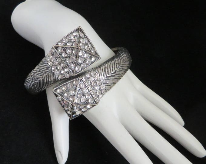 Rhinestone Clamper Bracelet - Vintage Silver Tone Wrap Bracelet, Party Jewelry, Gift idea