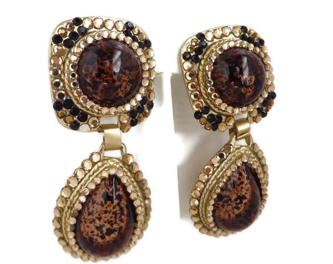 Vintage Chunky Earrings, Dangling Brown & Gold Tone Clip-on Earrings