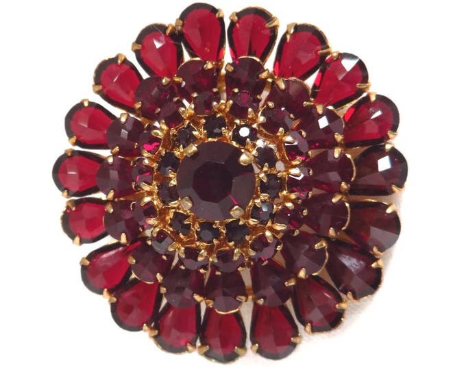 Vintage Red Austrian Crystal Brooch, Crystal Flower Pin, Gold Tone Austria Pin