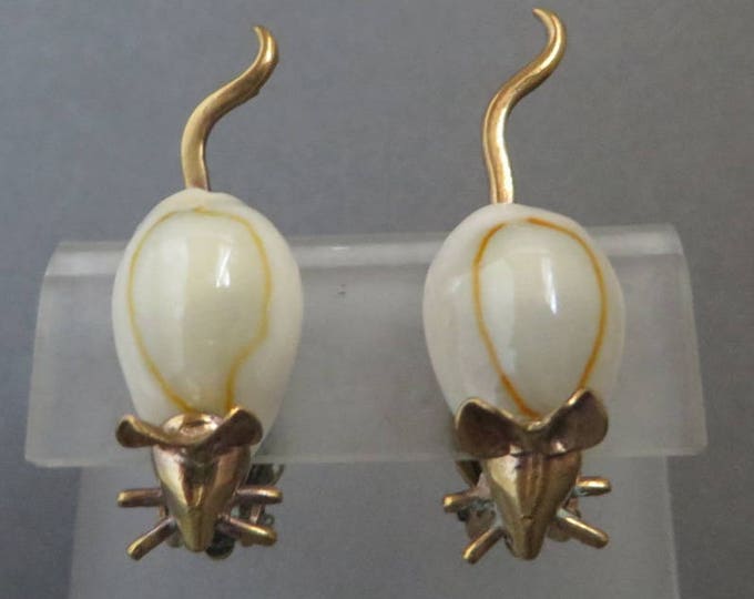 Vintage Mouse Earrings - West Germany Earrings, Natural Shell, Gold Tone Clip-on Earrings, Gift for Her