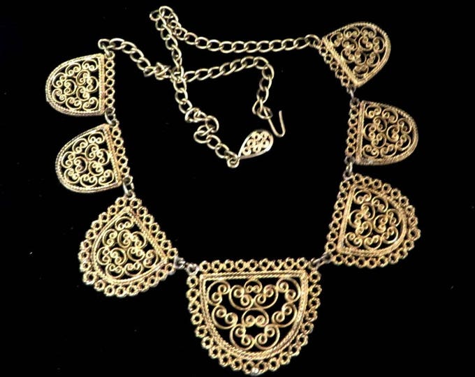 Gold Tone Filigree Bib Necklace, Vintage 1950s Lacy Necklace