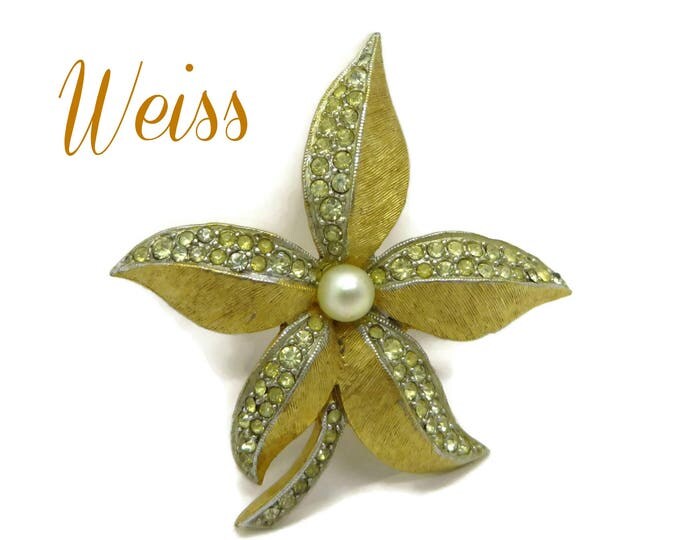 Vintage Poinsettia Brooch - Signed Weiss Faux Pearl Gold Tone Brooch, Gift for Her