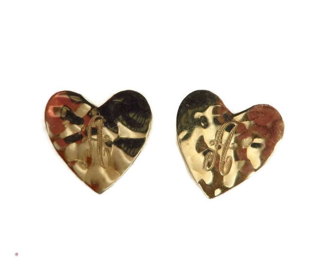 14K Gold Heart Earrings, Initial A Pierced Stud Hammered Gold Earrings