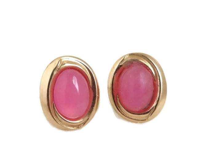 Gold Pierced Earrings, 14K Gold, Pink Stone Earrings - Vintage Oval Quartz Stud Earrings