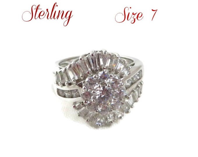Vintage CZ Cocktail Ring - Sterling Silver Multistone Engagement Ring, Size 7, Gift for Her