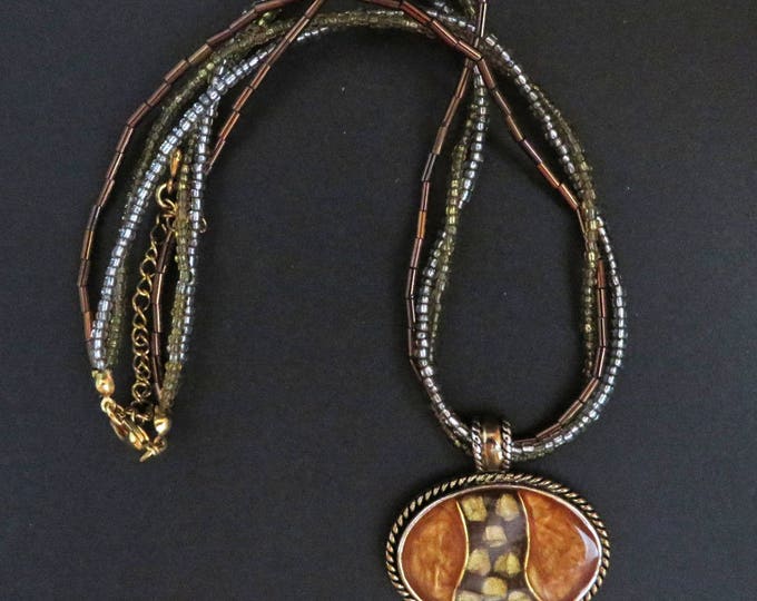 KC Necklace - Vintage Pendant Necklace, Oval Amber Medallion Triple Strand Boho Jewelry, Valentine's Day Gift