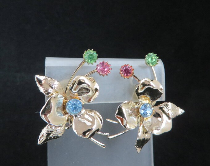 Gold Tone Flower Earrings | Vintage Pastel Rhinestone Clip-ons | Mid-Century Earrings