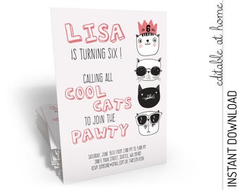 Cat Birthday Invitation, Cool Cats Invitation, Cute Cat Party Invitation INSTANT DOWNLOAD you personalize at home