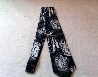 necktie or clip on tie made from Harry Potter black and white Gryffindor cotton fabric, hogwarts, jk rowling, dragon, magic, geeky, cosplay