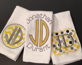 Baby Monogram Burp Cloths - set of 3 Yellow and Grey