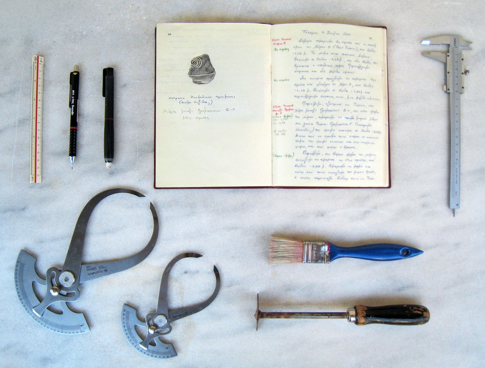 Her journal is one of her most valuable tools on a dig, along with brushes and metal instruments for cleaning and measuring findings