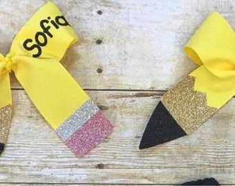Pencil hairbow-pencil hair bow -back to school hairbow- pencil bow-yellow hairbow-girls bow-
