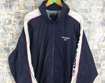 POLO SPORT Ralph Lauren Windbreaker Jacket Large Vintage 90s Polo Sport Spell Out Hoodie Jacket Blue Sportswear Ralph Lauren Windbreaker L