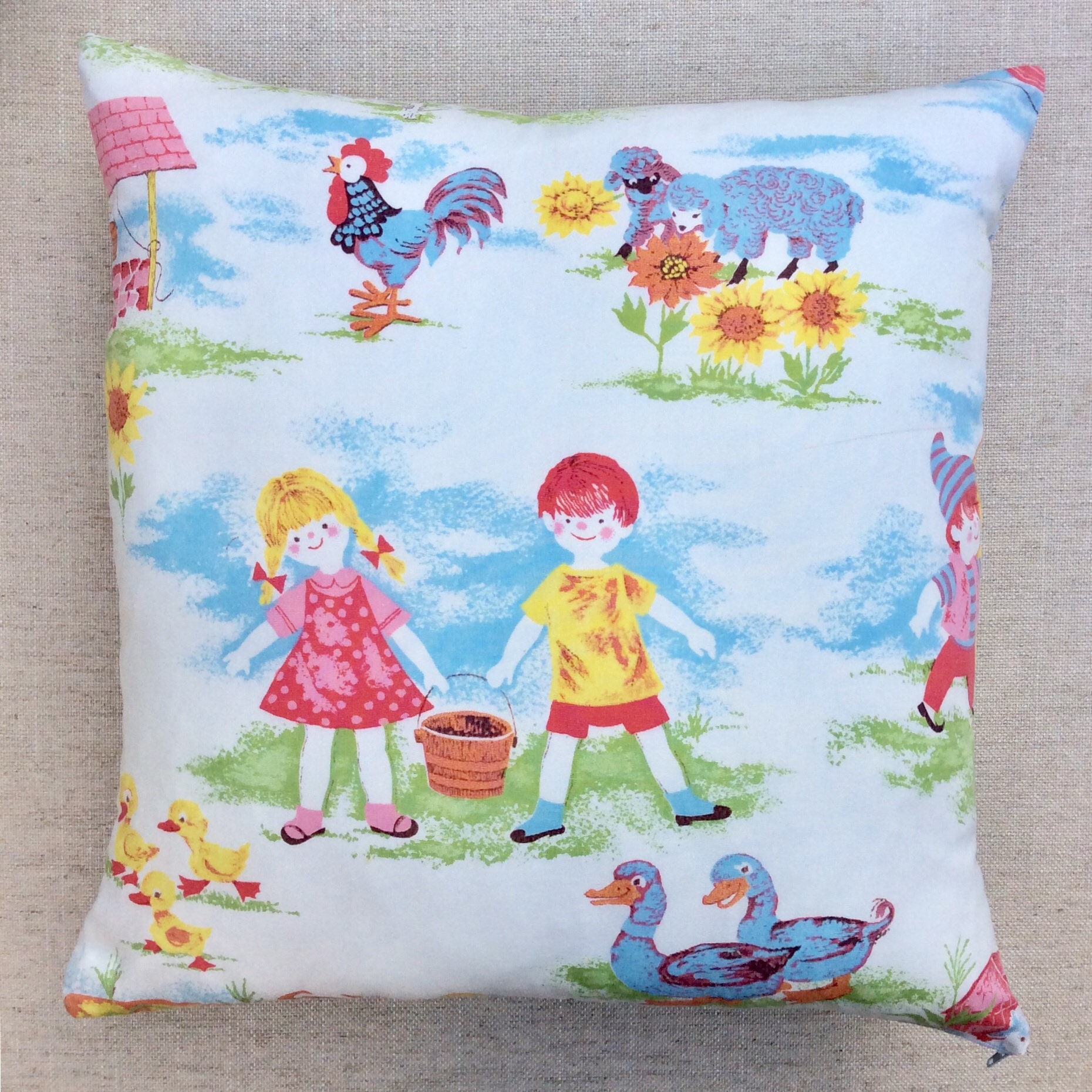 Vintage 1960s Nursery Rhyme Fabric Cushion With Interior 40cm