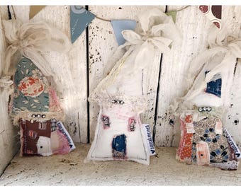 Original Fiber Art - upcycled antique quilt house