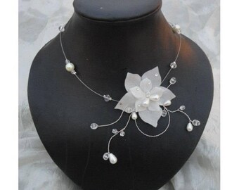 Collier mariée mariage soirée Fleur de soie ivoire Amour Necklace wedding evening ivory silk flower Amour bridal bride