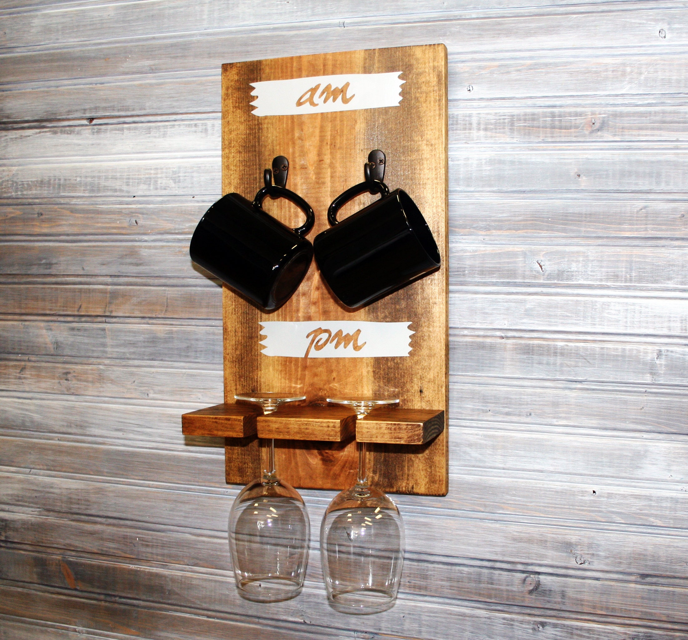 Coffee Mug Wine Glass Holder AM PM Wood Shelf Her Birthday