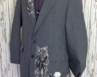 SALE Alternative Grey Pinstriped Suit Jacket with Gothic Suit of Armour Applique // Alternative Formalwear, Steampunk, Game of Thrones, Whit