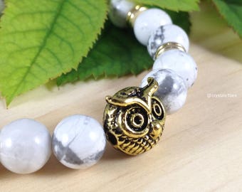 White Howlite Gemstone Bracelet w/ Gold Plated Beads ~ Owl Beaded Mineral Bracelet