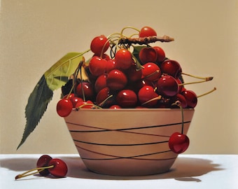 Cherries painting, Original Oil on Canvas Art, Fruits, Hyperrealism, Realism, Bowl with cherries, Still life with cherries, 15.7 x 15.7 in