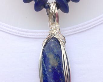 Totally Lapis Beaded Necklace with Silver Tone Wire Wrapped Pendant