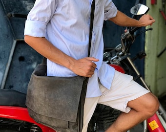 Sale!!! Distressed grey Leather Messenger Bag, 15" messenger bag men, mens leather laptop bag, leather laptop messenger bag men