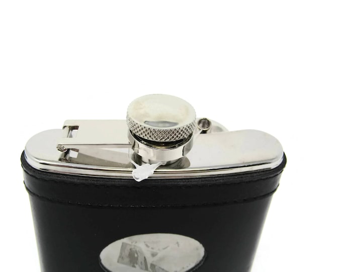 Vintage Leather Wrapped Flask - Sheridan No Tarnish Black Leather Flask - Groomsmen Gift - Gift for Dad - Gift for Him - Ideas