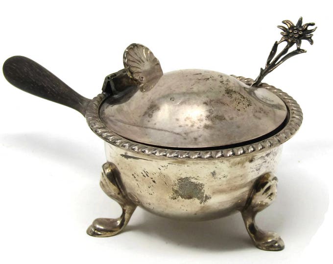 Vintage Silver Plated Witch Cauldron Lidded Mustard Pot or Salt Cellar & Spoon - with Cobalt Glass Liner