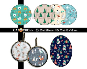 Textures de Noël • 60 Images digitales RONDES 25 20 mm OVALES 18x25 13x18 mm sapin noël ours renard flocon sapin cloche noël motif texture