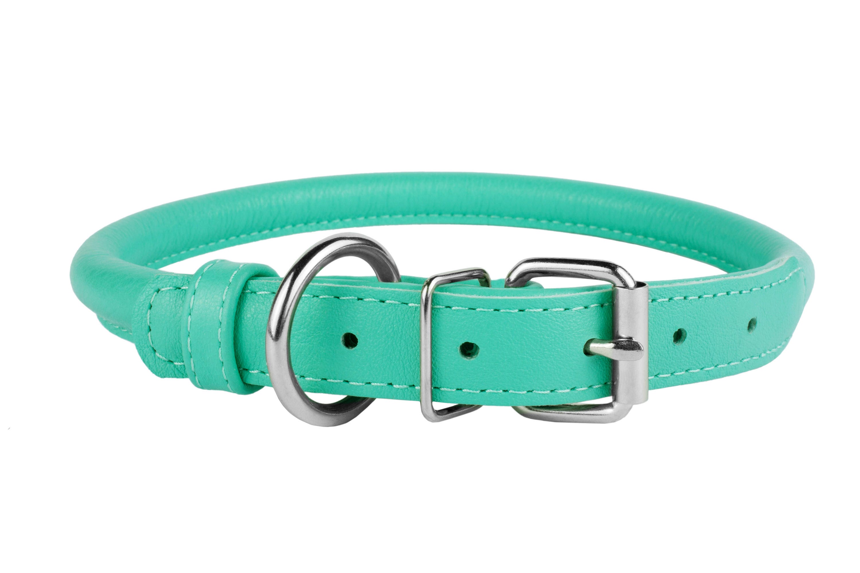 Mint Green Rolled Dog Collar Leather OPTIONAL ID TAG Extra