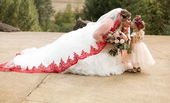 red and white wedding veils