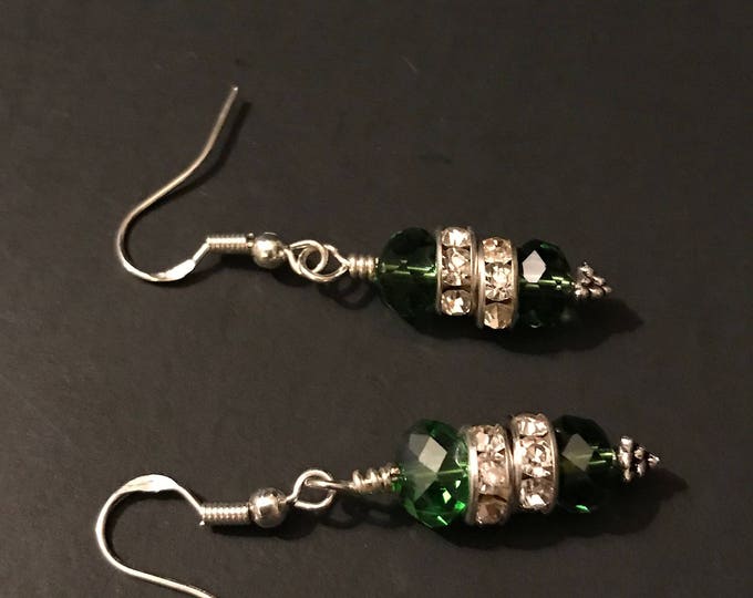 Dark Green crystal earrings, Emerald Green Earrings, Sparkly Dark Green earrings, Green wire wrapping earrings