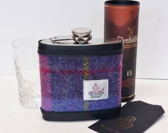 Hip Flask / Harris Tweed / Leather/Purple & Pink