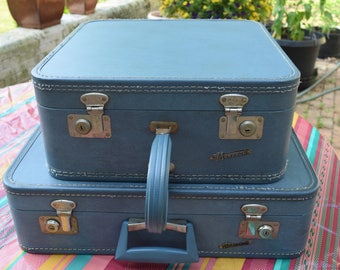 2 Vintage Blue Monarch Suitcases Blue Square Suitcase Deco Luggage Retro Train Case