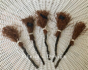 Set of 5 miniature handmade round excelsior brooms 6.5" Witch Halloween Crafts Terrarium Dollhouse Supply Home decoration Wicca Crafts