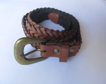 Woman Woven Brown Slim Leather Belt 37.. long