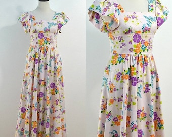 SUMMER SALE Floral Hippie Maxi Dress / 70s Vintage Flutter Sleeve Dress / 1970s Pink Purple Floral Dress / XS X-Small / Small S / Ankle Leng