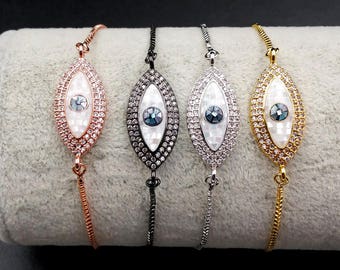 WT-MB048 Wholesale Evil eye cz pave bracelet adjustable thin band women cubic zirconia pave bracelet pearl manmade diamond bracelet