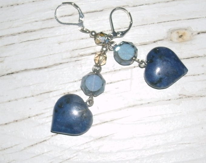 Lapis Lazuli Gemstone Blue Heart Earrings, puffed hearts, crystal frosted blue AB flat faceted bead, leverback wires, silver beads