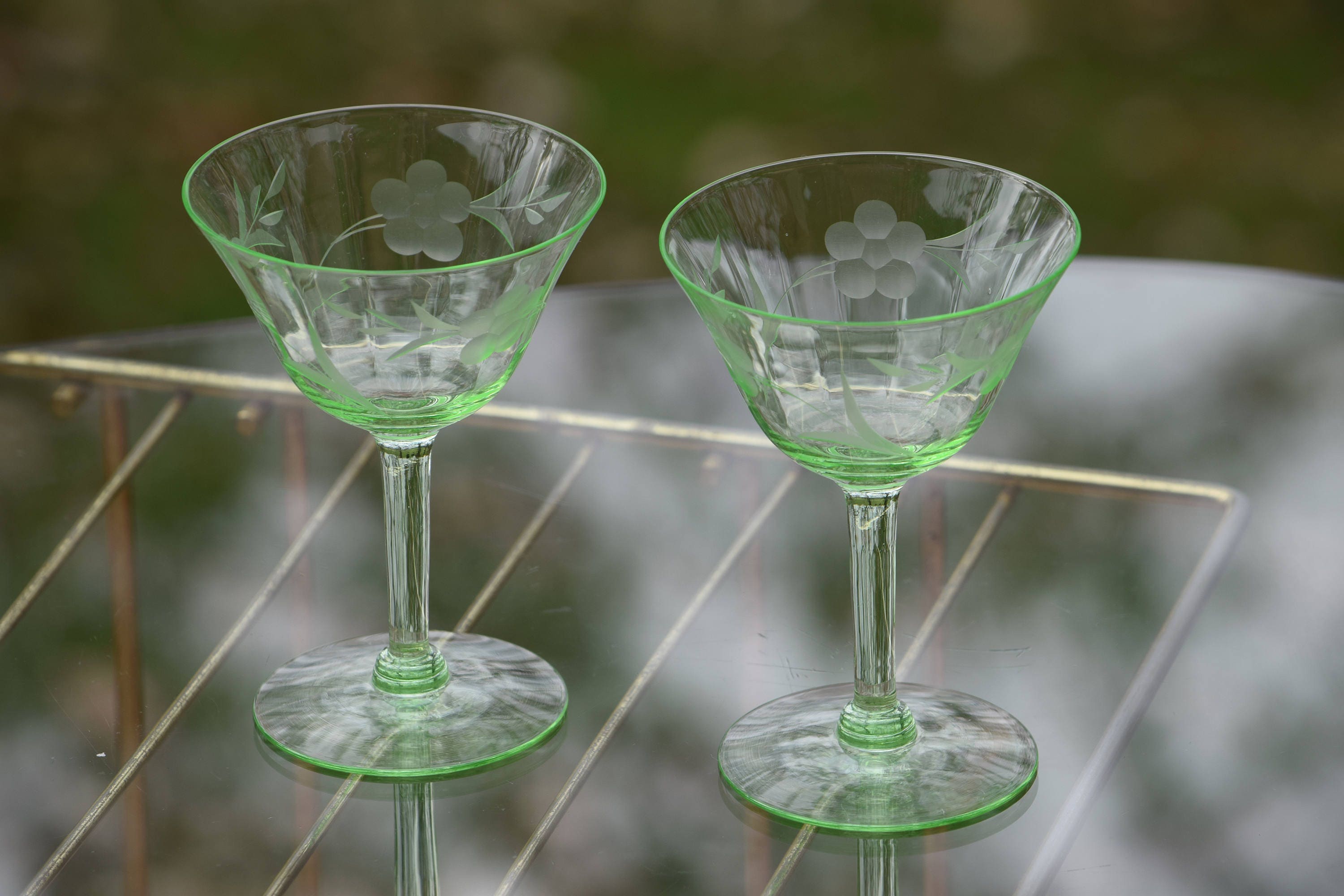 Vintage Green Etched Glass Cocktail Martini Glasses Set Of 2 Green Vaseline Martini Glasses 7979