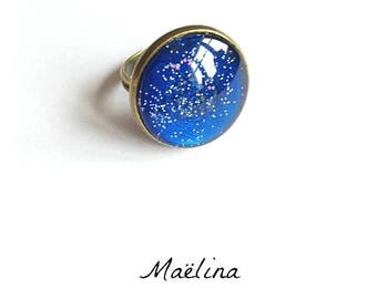Ring moolight dark blue glitter night moon stars