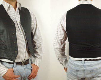 Black Leather Vest Size M Leather Outdoor, rivet buttons two side pockets, no inside pockets, back from fabric, Steampunk vest cooper