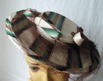 Striped Tilt Widebrim Hat 1940's Bows Net . WW2 . Lindy Hop. Wartime Fashions . Land Girl .