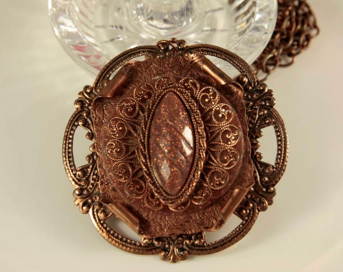 Large Bronze Necklace Victorian Necklace Golden Brown Pendant Filigree Necklace Copper Sandstone Necklace Vintage Big Pendant Halloween