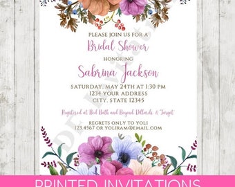 SALE Custom PRINTED Floral Watercolor Bridal Shower Invitation - .99 each - Envelope included - by Dancing Frog Invitations