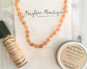 Teething Essentials Kit - Genuine Baltic Amber Teething Necklace - Essential Oil Roll On - Bottom Salve - New Baby Bundle - Baby Shower Gift