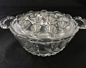 Hocking Old Café Bowl with Flower Frog Depression Glass Clear 2 Handles Vintage